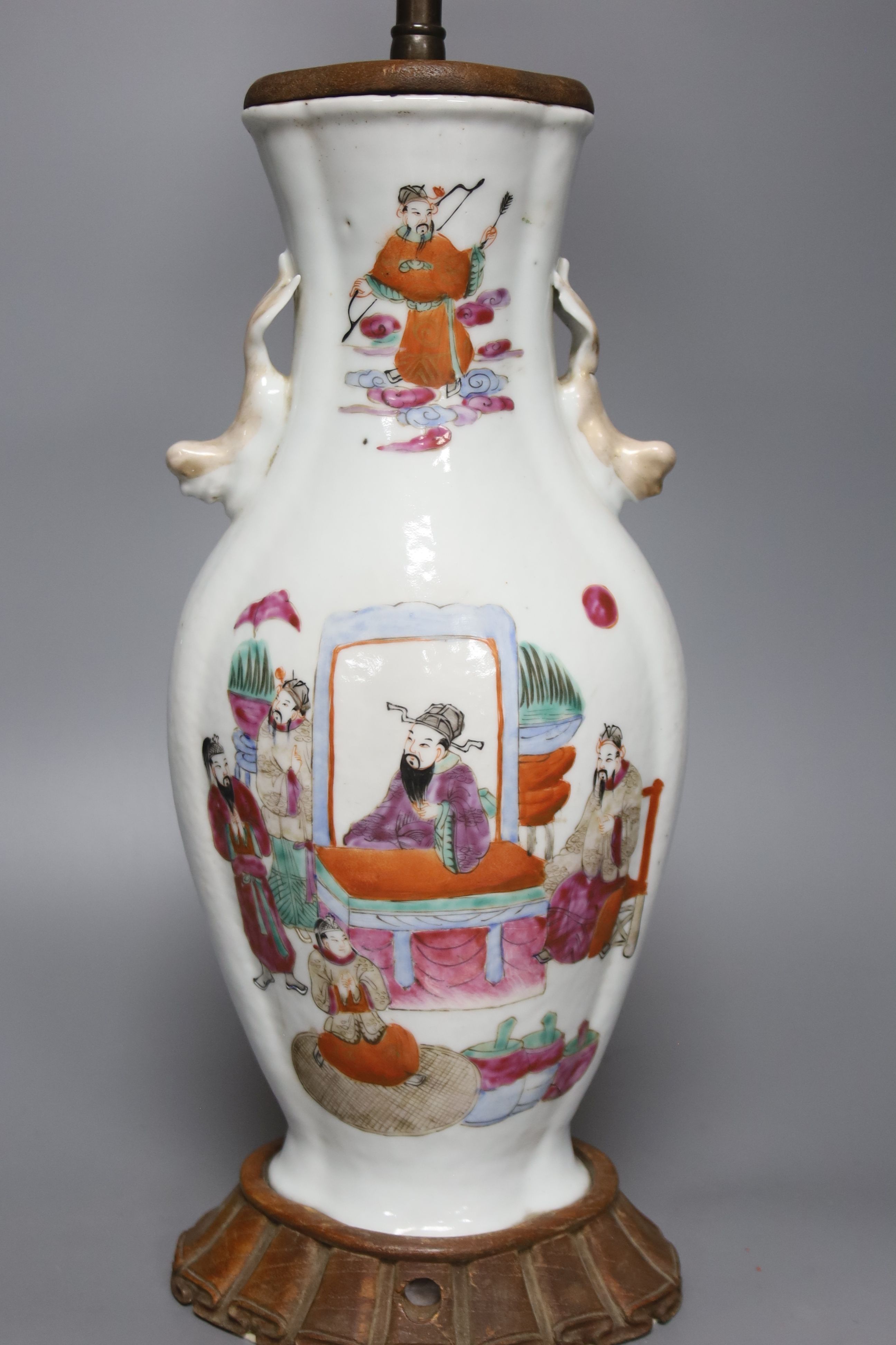 A Chinese famille rose converted lamp, late Qing, overall height 66cm